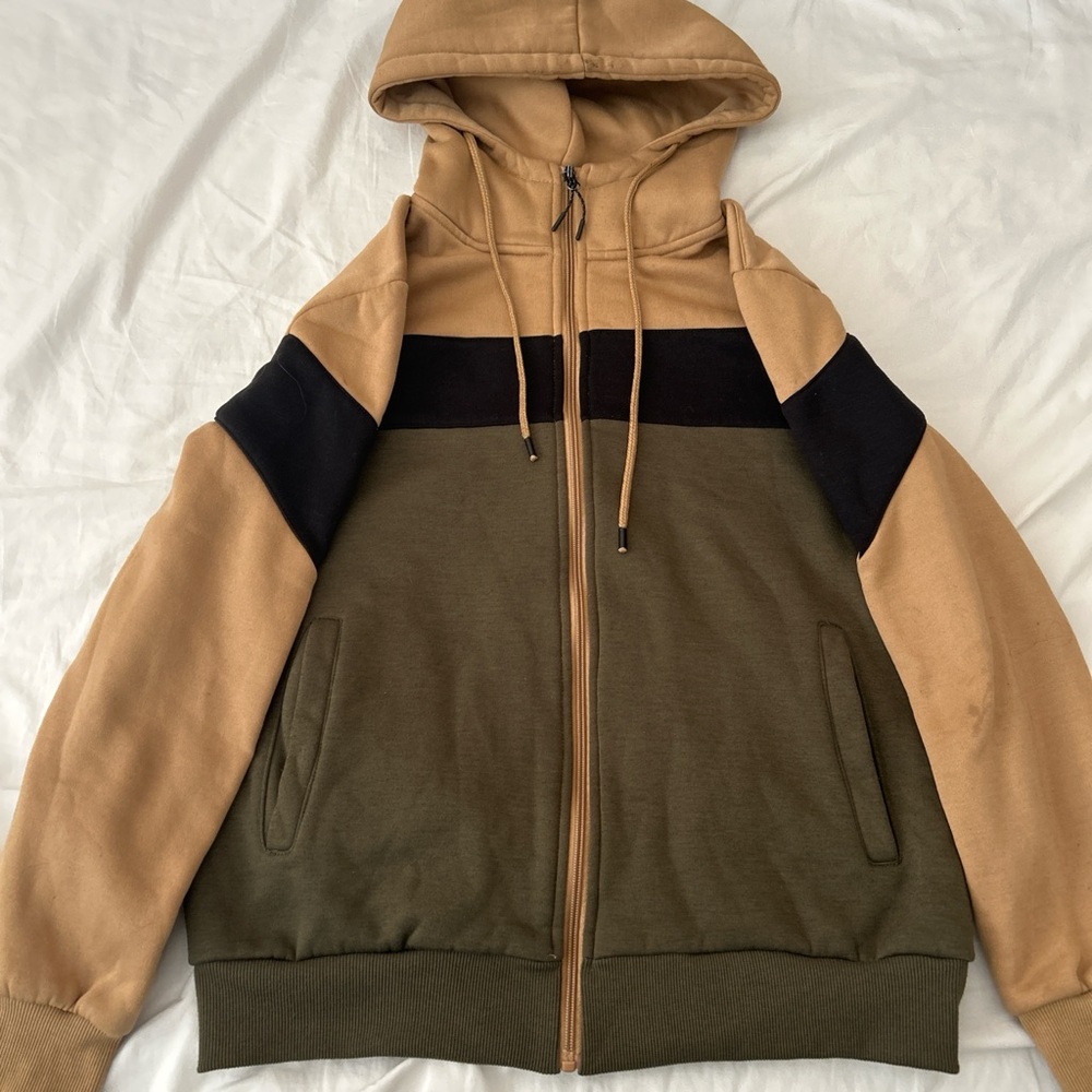 Men's Tan and Olive Colorblock Hoodie Sweater